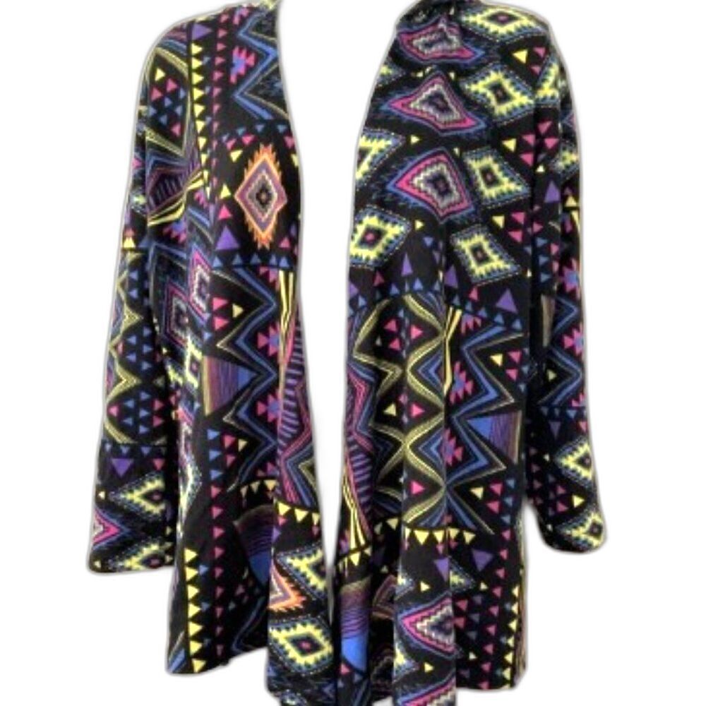 Hot Kiss Retro Aztec Geometric Open Front Hooded Cardigan Large